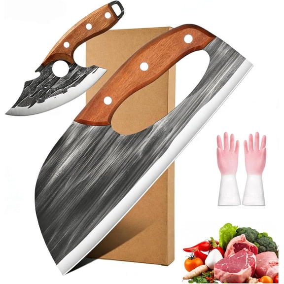 Premium Hand-Forged Chef's Knife & Cleaver Set, Anti-stick & fast cutting, Ultra Sharp, Stays Sharp, Non-slip for Safety, Hand-Forged Kitchen Knife, for Meat, Vegetables, Fruits, Pizza