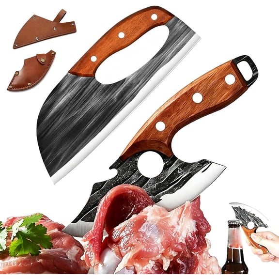 Premium Hand-Forged Chef's Knife & Cleaver Set, Carbon Steel hand forged kitchen knife with Ergonomic Wooden Handle, for Meat, Vegetables, Camping BBQ
