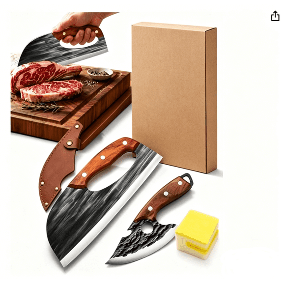 Premium Hand-Forged Chef's Knife & Cleaver Set, Ergonomic Durable Meat Cleaver Knife Effort Saving Hand Forged Chef Knives with Leather Sheath for Vegetables Meat Kitchen Cooking Prep