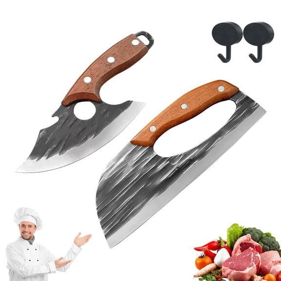 Premium Hand-Forged Chef's Knife & Cleaver Set,Hand-Forged Carbon Steel Kitchen Knife Set - Ultra Sharp Cleaver & Boning Knife, Ergonomic Wooden Handle for Home Cooking，B