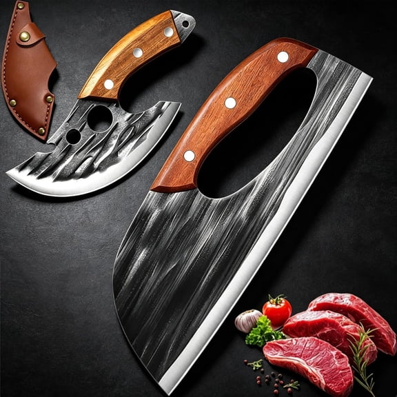 Premium Hand-Forged Chef's Knife & Cleaver Set, Hand Forged Kitchen Knife, Ergonomic Durable Handle for Meat, Vegetables, Fruits, Pizza (#1)