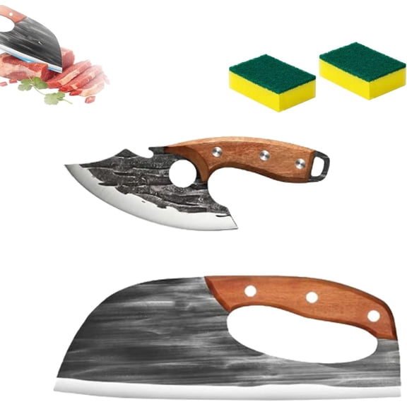 Premium Hand-Forged Chef's Knife & Cleaver Set, Hand Forged Kitchen Knife, For Meat, Vegetables, Fruits, Pizza (1 Set)