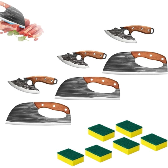 Premium Hand-Forged Chef's Knife & Cleaver Set, Hand Forged Kitchen Knife, For Meat, Vegetables, Fruits, Pizza (3 Set)