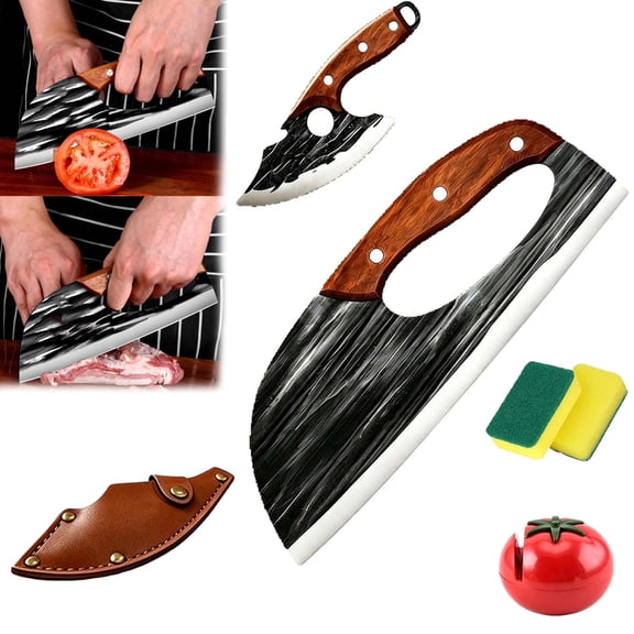 Premium Hand-Forged Chef's Knife & Cleaver Set - Hand Forged Kitchen Knife, Sharp Carbon Steel Viking Meat Cleaver Knife Set with Leather Sheath for Vegetable, Camping, Outdoor Cooking & BBQ (Set-A)