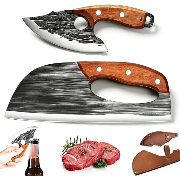 Premium Hand-Forged Chef's Knife & Cleaver Set, Hand-Forged Kitchen Slicing Cleaver with Leather Case, Ergonomic grip, saving time and effort, for Kitchen, Camping, Etc (Black,1 Set)