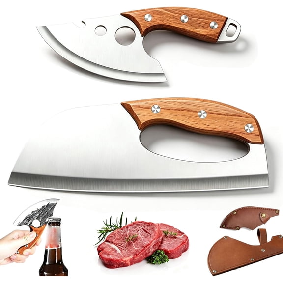 Premium Hand-Forged Chef's Knife & Cleaver Set, Hand-Forged Kitchen Slicing Cleaver with Leather Case, Ergonomic grip, saving time and effort, for Kitchen, Camping, Etc (White,1 Set)