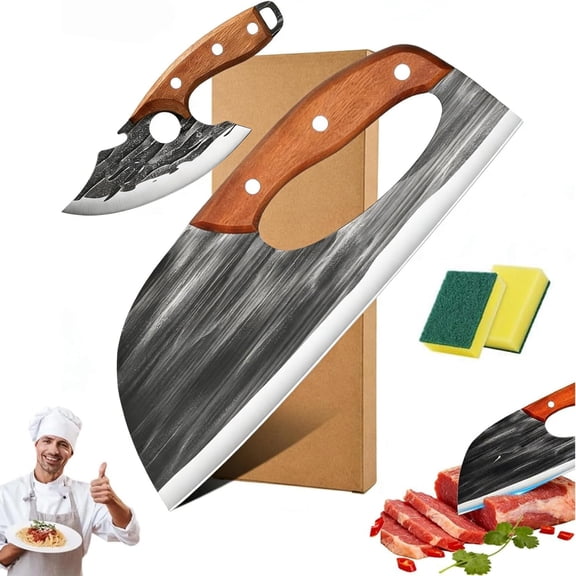 Premium Hand-Forged Chef's Knife & Cleaver Set, Long-Lasting Sharp V-Shaped Edge Kitchen Slicing Cleaver for Effortless Cutting,Ergonomic Durable Handle for Meat, Vegetables, Fruits, Pizza (2PCS)