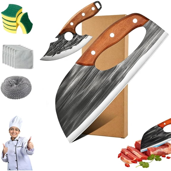 Premium Hand-Forged Chef's Knife & Cleaver Set, Wooden Handle, Multifunctional Stainless Steel Labor-Saving Kitchen Knife for Household Cooking, Meat Cutting, Outdoor BBQ & Camping (1 PCS)