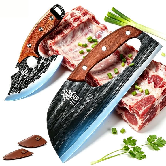 Premium Hand-Forged Chefs Knife and Cleaver Set, 2PCS Carbon Steel Kitchen Knife Set with Ergonomic Wooden Handle, Sharp Meat Vegetable Slicer with Leather Sheath for Home Cooking BBQ