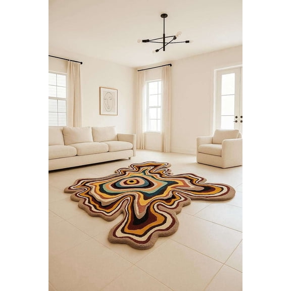 Premium Hand-Tufted Wool Area Rug 3×3 ft | Irregular Organic Shape Optical Illusion Carpet For Living Room Bedroom Kids Playroom Dining Room & Home Decor, Beige