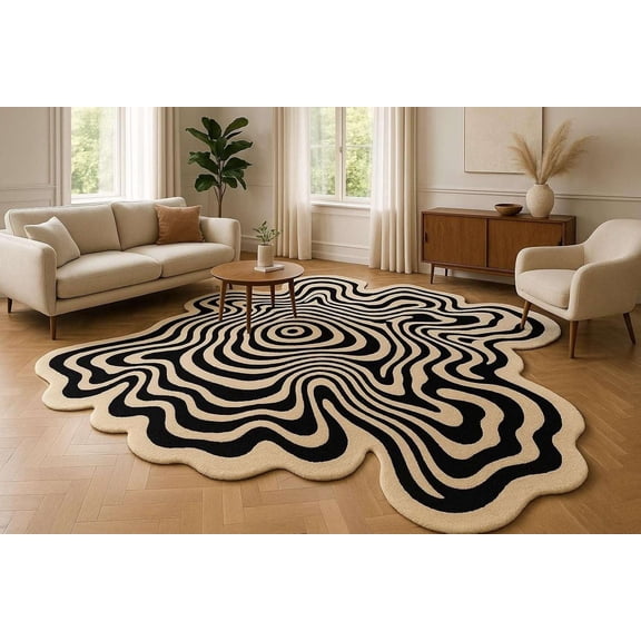 Premium Hand-Tufted Wool Area Rug 3×3 ft | Irregular Organic Shape Optical Illusion Carpet For Living Room Bedroom Kids Playroom Dining Room & Home Decor, Cream & Black
