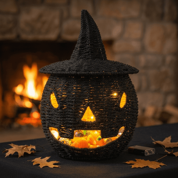 Premium Hand Woven Black Pumpkin Storage Basket with Detachable Witch Hat Lid Jack O Lantern Candy Bowl with LED String Light