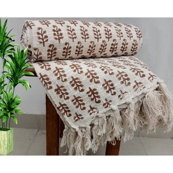 Premium Hand block Print Cotton Sofa Decor, Soft Cotton Blanket Room Dcor Tassels Hand Loomed Lightweight Decorative throw Boho Bedding