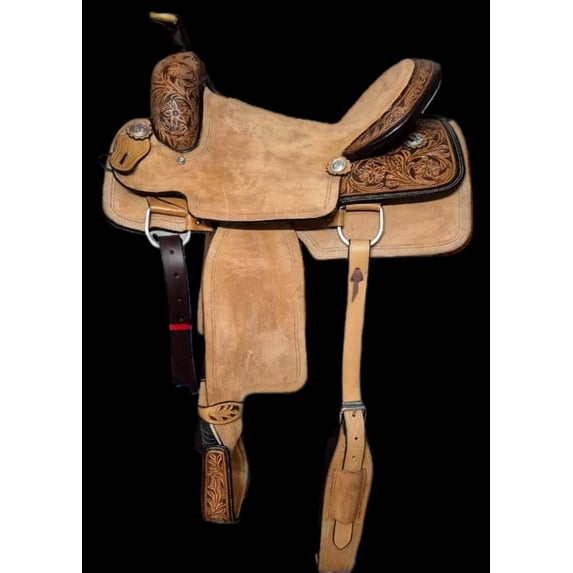 Premium Handcrafted Western Leather Saddle – Tooled Floral Design, Comfortable Padded Seat, Full Quarter Horse Bars, Complete Riding Tack Set for Horse