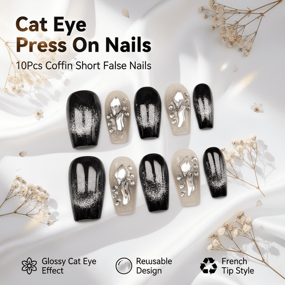 Premium Handmade Press On Nails (Size M) - Short Coffin Shape with 3D Butterfly Rhinestones & French Cat Eye Glitter for Parties & Special Occasions - Reusable Fake Nails 10Pcs
