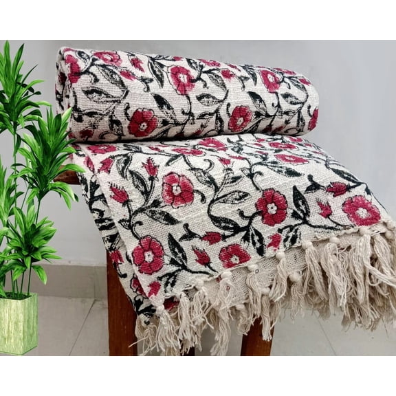Premium Handmade Sofa Throw, Handblock Print Cotton Blanket, Lightweight Decorative Throw with Tassels, Hand Loomed for Sofa & Room Décor