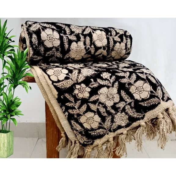 Premium Handmade Sofa Throw, Handblock Print Cotton Blanket, Lightweight Decorative Throw with Tassels, Hand Loomed for Sofa & Room Décor