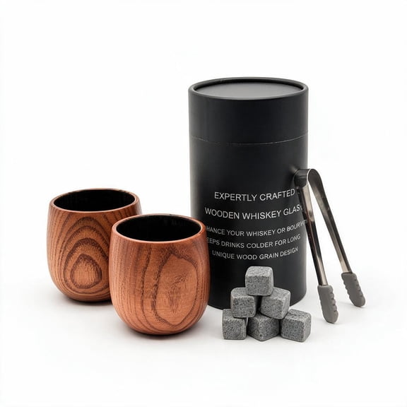 MQUPIN 10oz 2 Pack Wooden Whiskey Glass Gift Set, Carbonized Wood with 6 Granite Whiskey Stones for Men Dad Groomsmen Father's Day Birthday Gifts