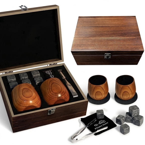 MQUPIN 10oz 2 Pack Whiskey Glass Gift Set, Original Charred Wood Handmade Bourbon Old Fashioned Tumblers, Ideal Gifts for Men, Dad, Husband