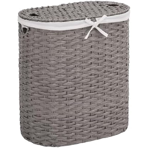 Premium Handwoven Portable Laundry Bin Basket with Carrying Handles, Household Storage for Clothes, Linens, Sheets, Gray, Oval Hamper