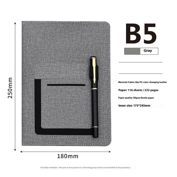 Premium Hardcover Notebook Pen Holder Clip, Card Pockets, College Ruled, 80GSM, Leather Note Book B5-Grey