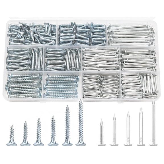 Premium Hardware Nails & High Hardness Wood Screws Assortment Kit, Phillips Drive Flat Head, Galvanized, Picture Hanging, with Storage Box