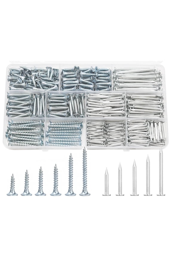 Premium Hardware Nails & High Hardness Wood Screws Assortment Kit, Phillips Drive Flat Head, Galvanized, Picture Hanging, with Storage Box