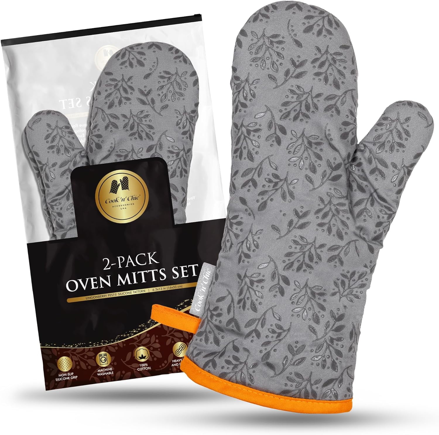 Gray Extra Long Silicone Oven Mitts with Cotton Lining