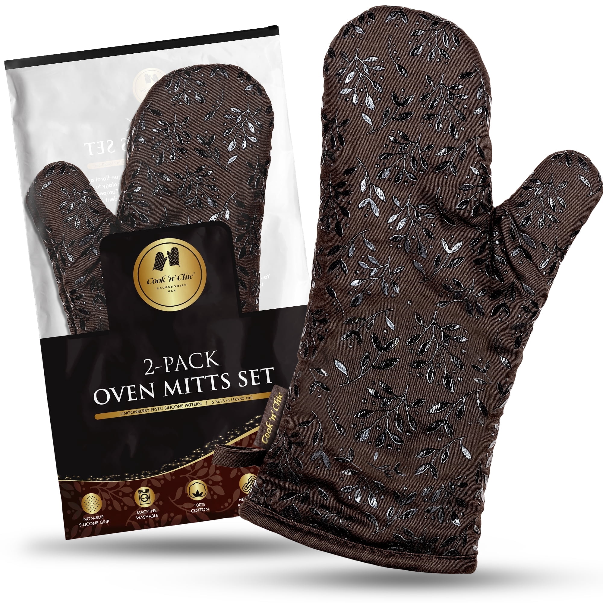 Premium Heat-Resistant Oven Mitts - Stylish and Beautiful - Non-Slip Platinum Silicone Grip - Long and Thick - 100% Natural Cotton Exterior and Soft Terry Cloth Lining - Set of 2 by Cook'n'Chic
