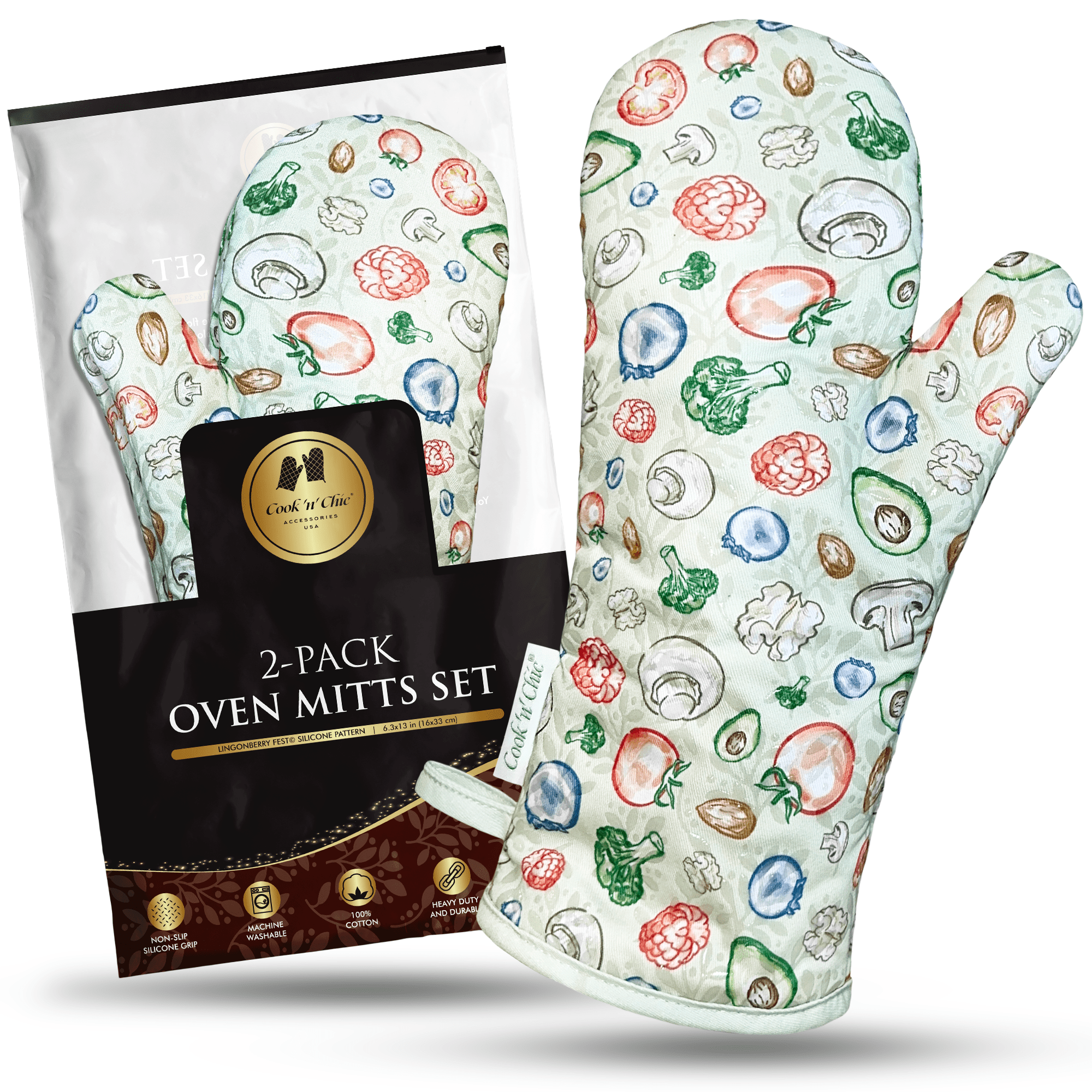 Premium Heat-Resistant Oven Mitts - Stylish and Beautiful - Non-Slip Platinum Silicone Grip - Long and Thick - 100% Natural Cotton Exterior and Soft Terry Cloth Lining - Set of 2 by Cook'n'Chic