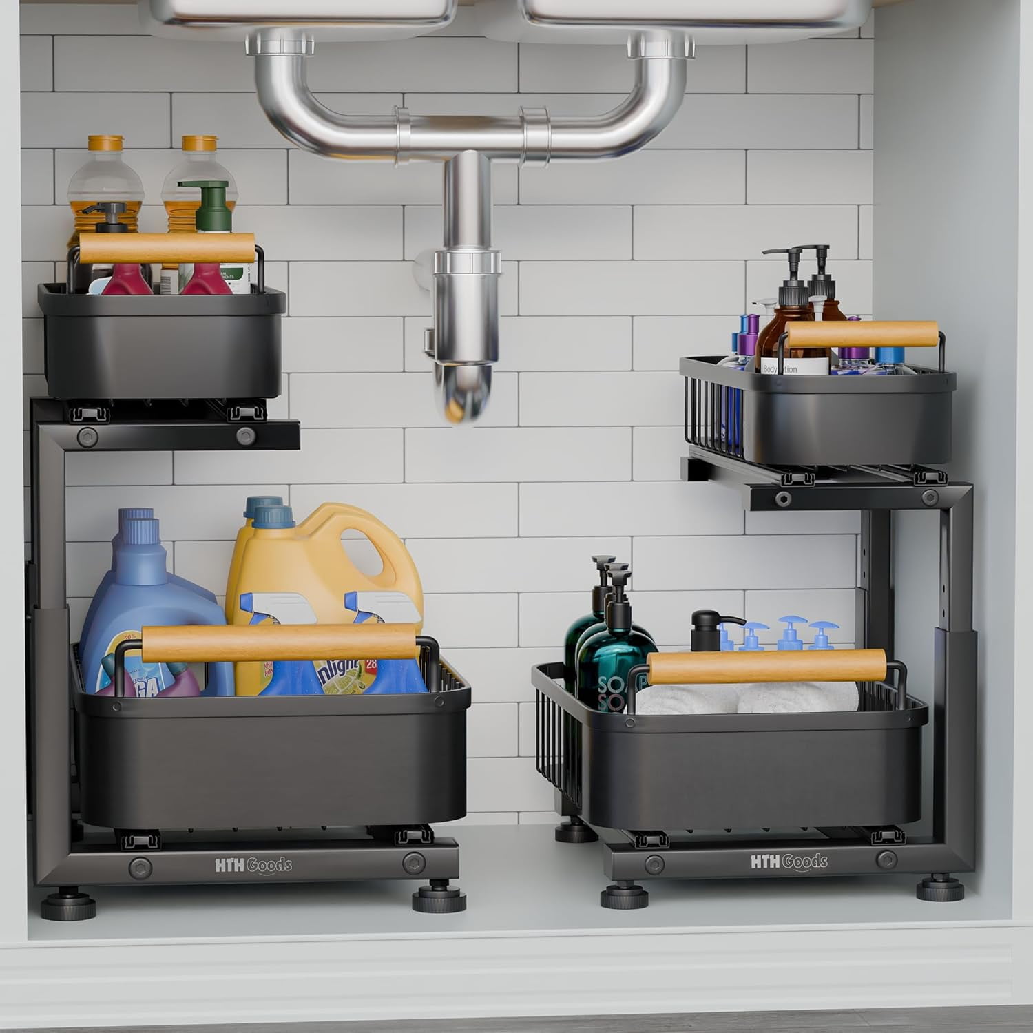 Premium Heavy Duty Carbon Steel Under Sink Organizer, Large 2 Tier Pull Out Cabinet Organizer with 7 Adjustable Heights and Smooth Ball Bearing Sliding Baskets for Bathroom & Kitchen Storage