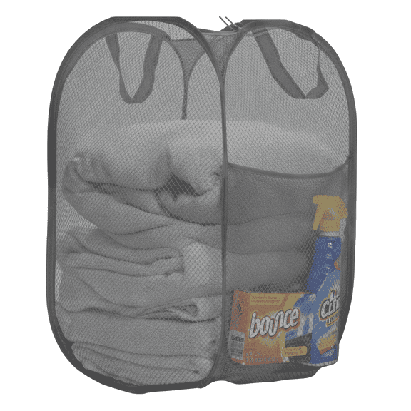 Maypes Pop-Up Laundry Hamper with Carry Handles and Detergent Pocket, Mesh Material, Grey, 14 x 14 x 24 Inch