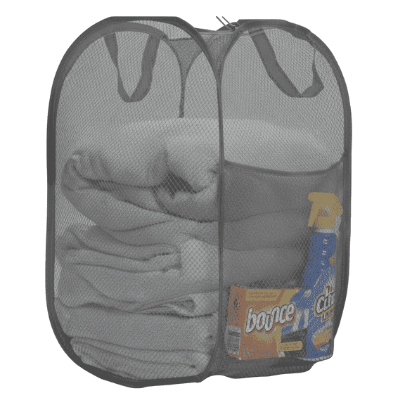 Maypes Pop-Up Laundry Hamper with Carry Handles and Detergent Pocket, Mesh Material, Grey, 14 x 14 x 24 Inch