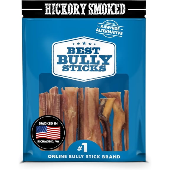 Premium Hickory Smoked 4 Inch Bully Sticks - 10 Count (Pack of 1) - 100% Natural, Smoky Aroma, No Additives, Grass-Fed Beef, Grain and Rawhide-Free, Mini Treat