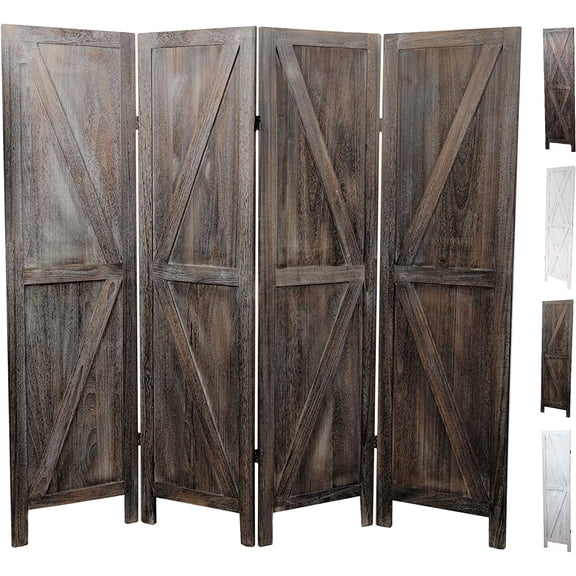 Premium Home 4-Panel Room Divider Rustic Brown Barn Door, K Pattern Folding Privacy Screen, Partition Wall