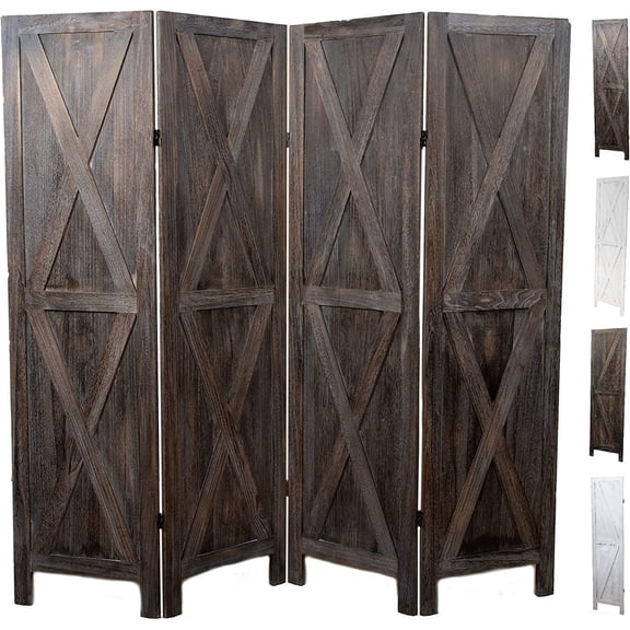 Premium Home 4-Panel Room Divider Rustic Brown Barn Door, X Pattern Folding Privacy Screen, Partition Wall