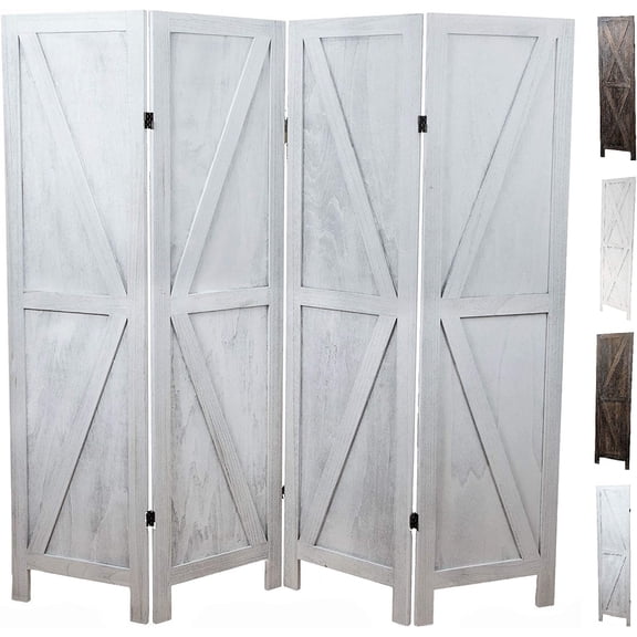 Premium Home 4-Panel Room Divider Rustic White Barn Door, K Pattern Folding Privacy Screen, Partition Wall