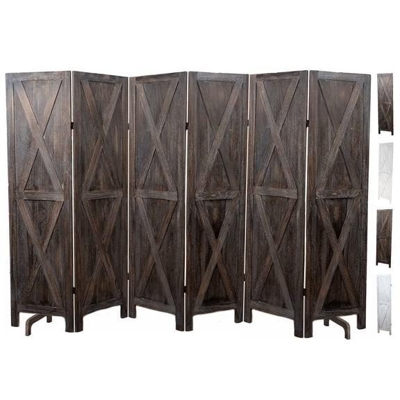 Premium Home 6-Panel Room Divider – Rustic Brown Barn Door, X Pattern Folding Privacy Screen, Partition Wall