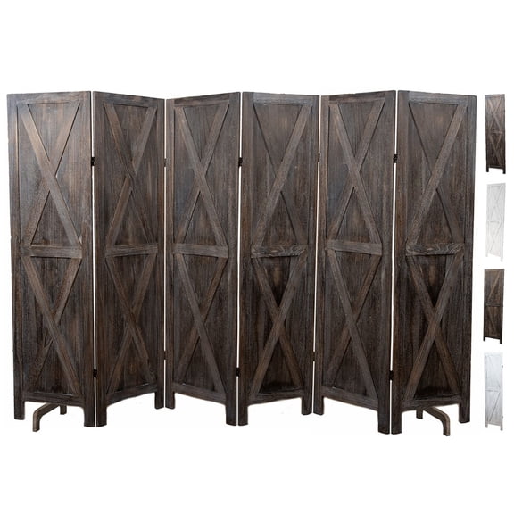 Premium Home 6-Panel Room Divider Rustic Brown Barn Door, X Pattern Folding Privacy Screen, Partition Wall