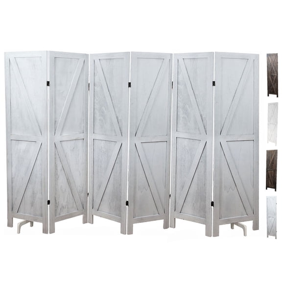 Premium Home 6-Panel Room Divider  Rustic White Barn Door, K Pattern Folding Privacy Screen, Partition Wall