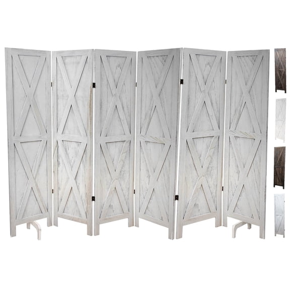 Premium Home 6-Panel Room Divider Rustic White Barn Door, X Pattern Folding Privacy Screen, Partition Wall