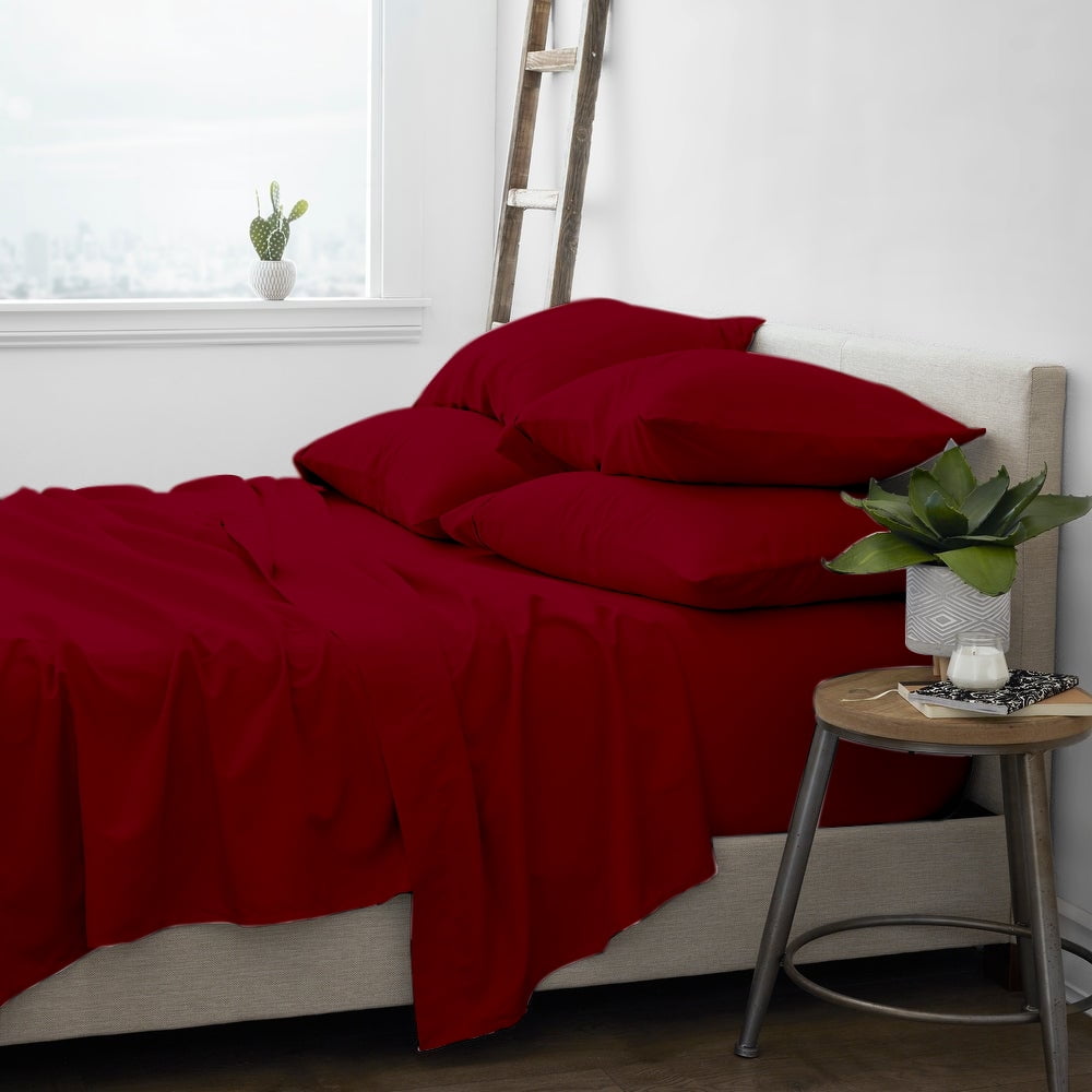 King Size Burgundy Cotton Polyester Microfiber 6-Piece Bed Sheet Set