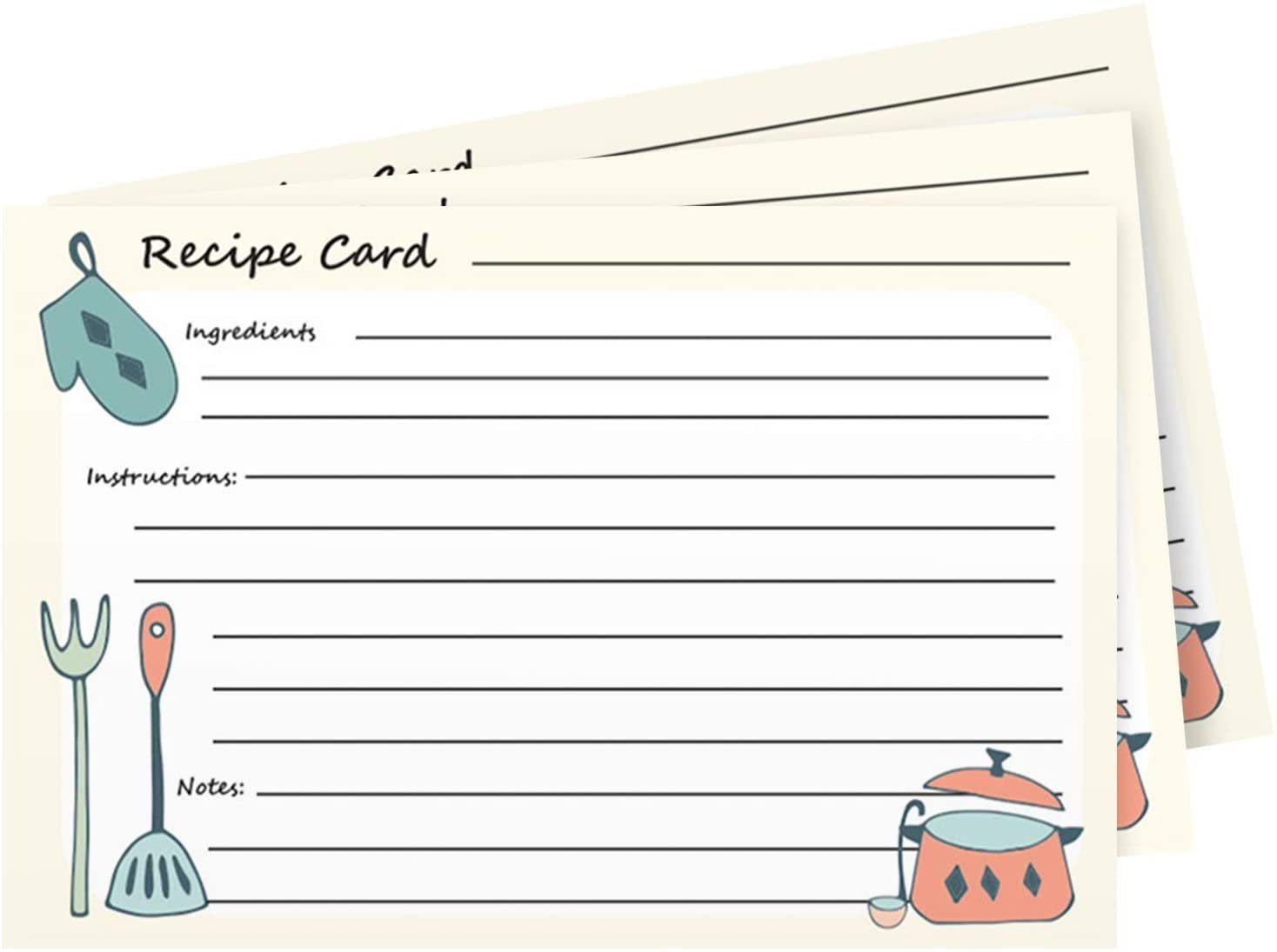 Premium Homey Kitchen Recipe Cards  Double Sided | Printed Thick and Sturdy 100Lb Cover Stock | 4" x 6" | 50 per Pack