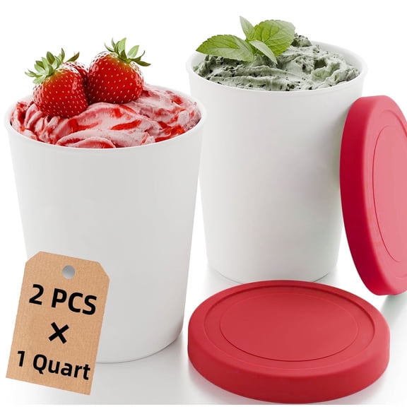 Gamexcel Ice Cream Containers 2 Pack Red, 1 Quart Each, Reusable Freezer Tubs with Silicone Lids, BPA Free