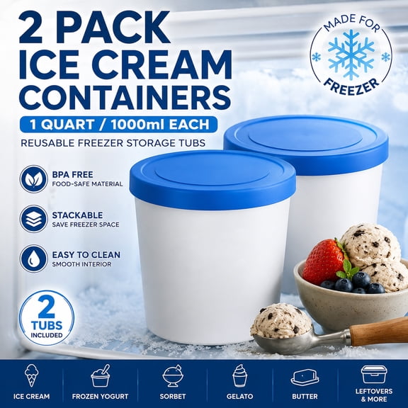 Premium Ice Cream Containers (2 Pack - 1 Quart Each) Perfect Freezer Storage Tubs Container with Silicone Lids for Ice Cream, Sorbet and Gelato - Blue