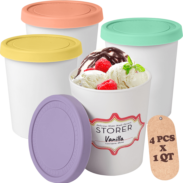 Premium Ice Cream Containers (4 Pack - 1 Quart Each) Reusable Freezer  Storage Tubs with Lids for Ice Cream, Sorbet and Gelato! 4 Colors