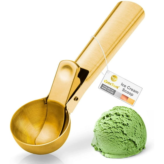 Premium Ice Cream Scoop with Trigger Ice Cream Scooper Stainless Steel, Heavy Duty Metal Icecream Scoop Spoon Dishwasher Safe, Perfect for Frozen Yogurt, Gelatos, Sundaes, Medium Gold