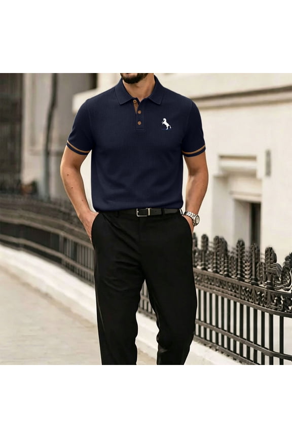 Premium Ice Silk Waffle Knit Polo Men Classic Horse Logo Contrast Cuff Solid Color Casual Short Sleeve Tee Gray XL