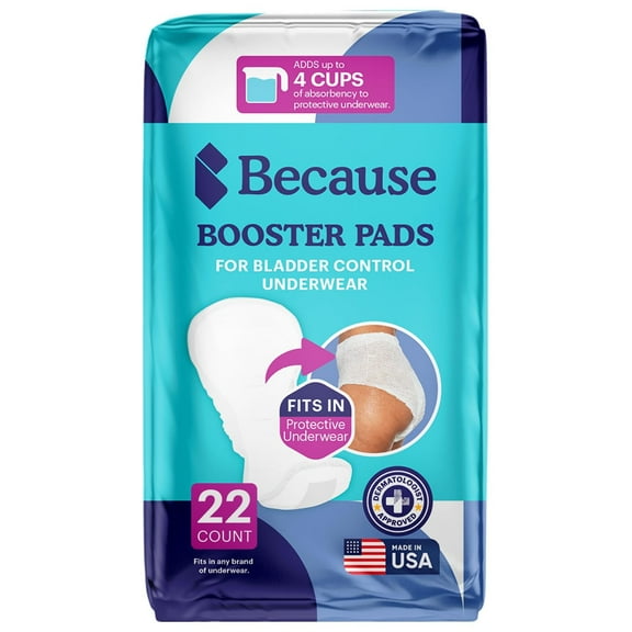 Because Premium Incontinence Booster Pads for Men and Women, Adds Extra Absorbency to Adult Diapers, Super Soft, Adhesive Strip Backing, Unisex, 22 Count