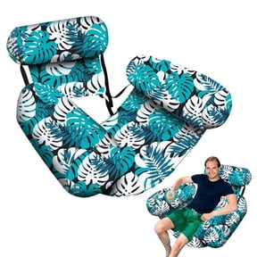 Premium Inflatable Pool Lounge Chair with Headrest – Heavy Duty Floating Raft for Adults – Comfortable Blow Up Chair for Pool, Beach or Lake – Blue Tropical Design (30"x16"x24") – Supports 300lbs
